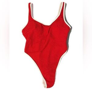 Women’s Red One Piece Swim Suit High cut cheeky double lined padded top NWOT Med